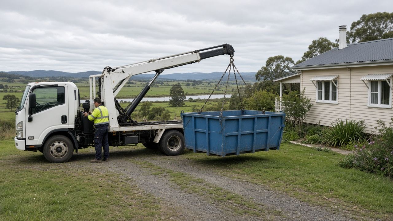Blue skip bin being lifted onto a skip truck with river flats in the background