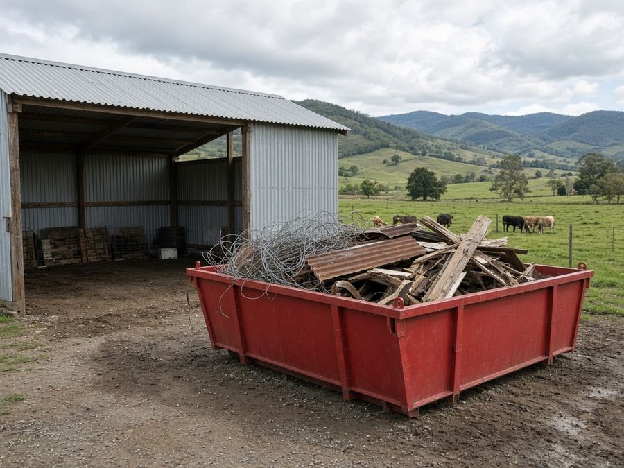 Red skip bin on a rural property with cattle in the paddock