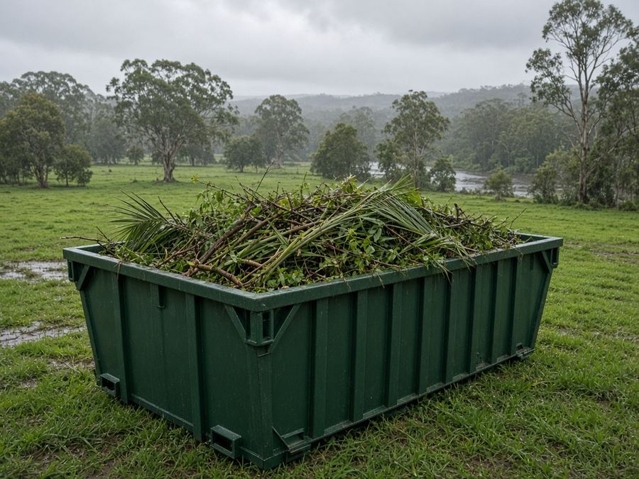 Skip bin with palm fronds and branches after a storm