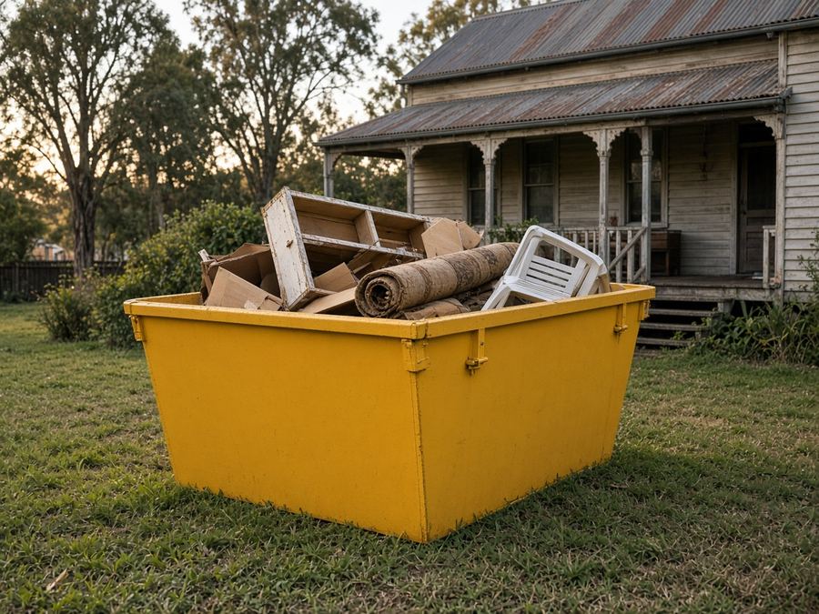 Yellow skip bin outside a weatherboard home during a household clean-out