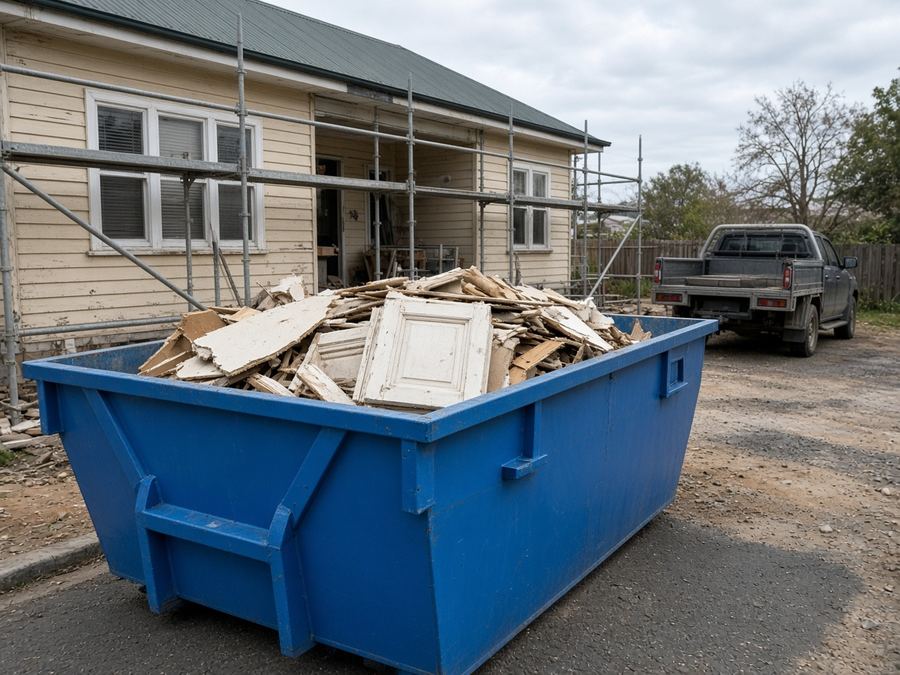 Blue skip bin with renovation timber and plasterboard beside a house