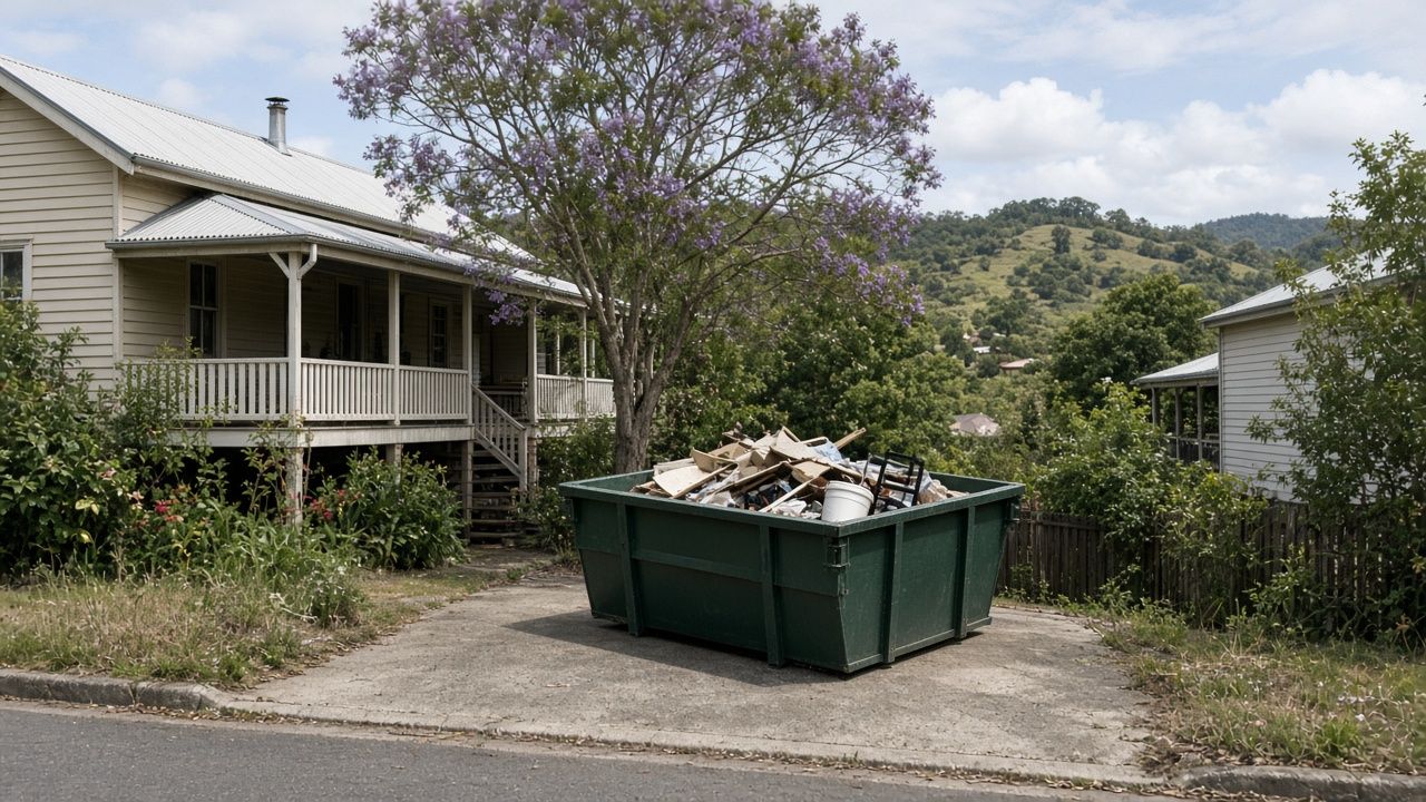 Green skip bin on the driveway of a raised Queenslander-style home with a flowering jacaranda