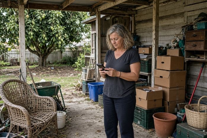 Woman in a carport on her phone beside boxes and an old chair ready for a clean-out