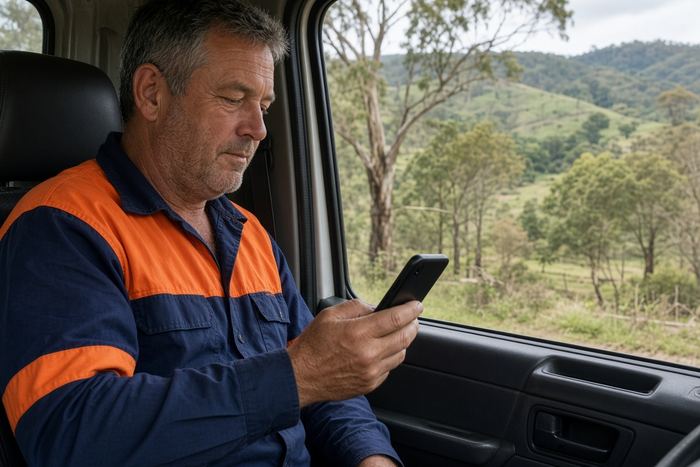 Skip truck driver checking a job on his phone in the cab