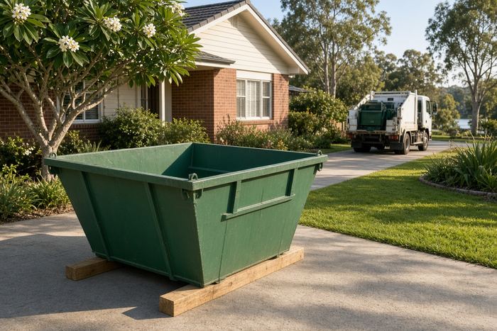 Green skip bin set down on timber planks to protect a driveway